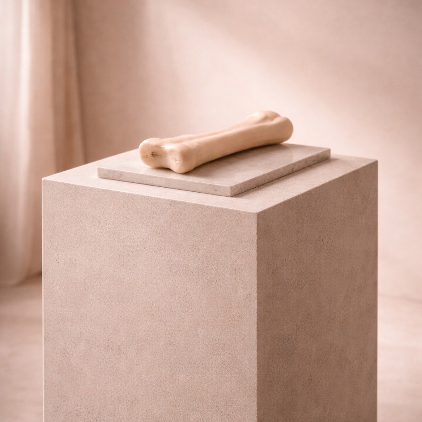 Bone-shaped treat on a pale stone pedestal