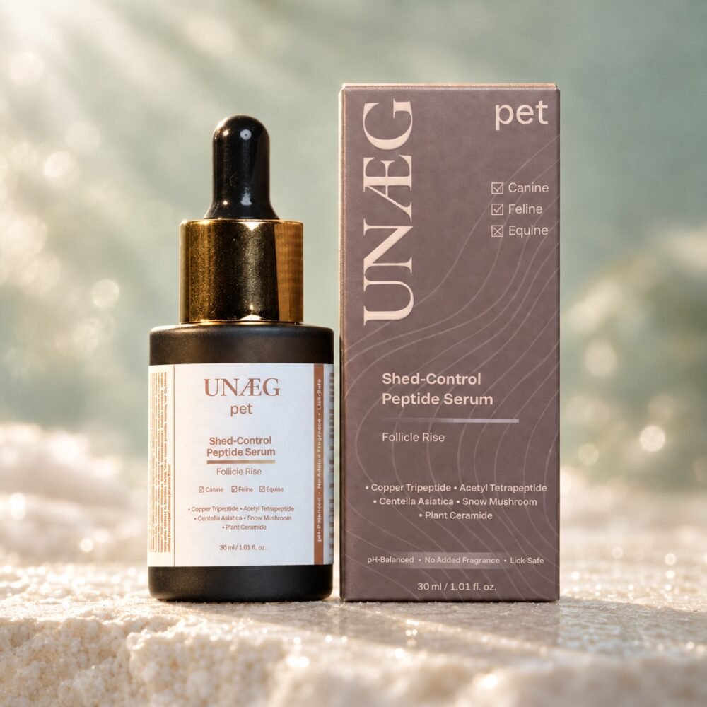 Shed-Control Peptide Serum | Follicle Rise bottle and box on sunlit sand