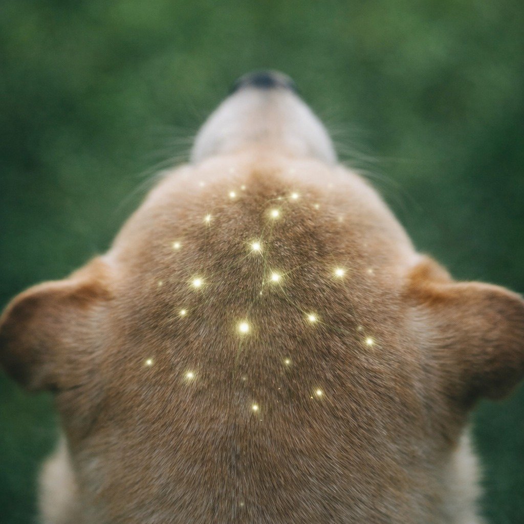 Top view of a dog's head with glowing points on the coat showing follicle support