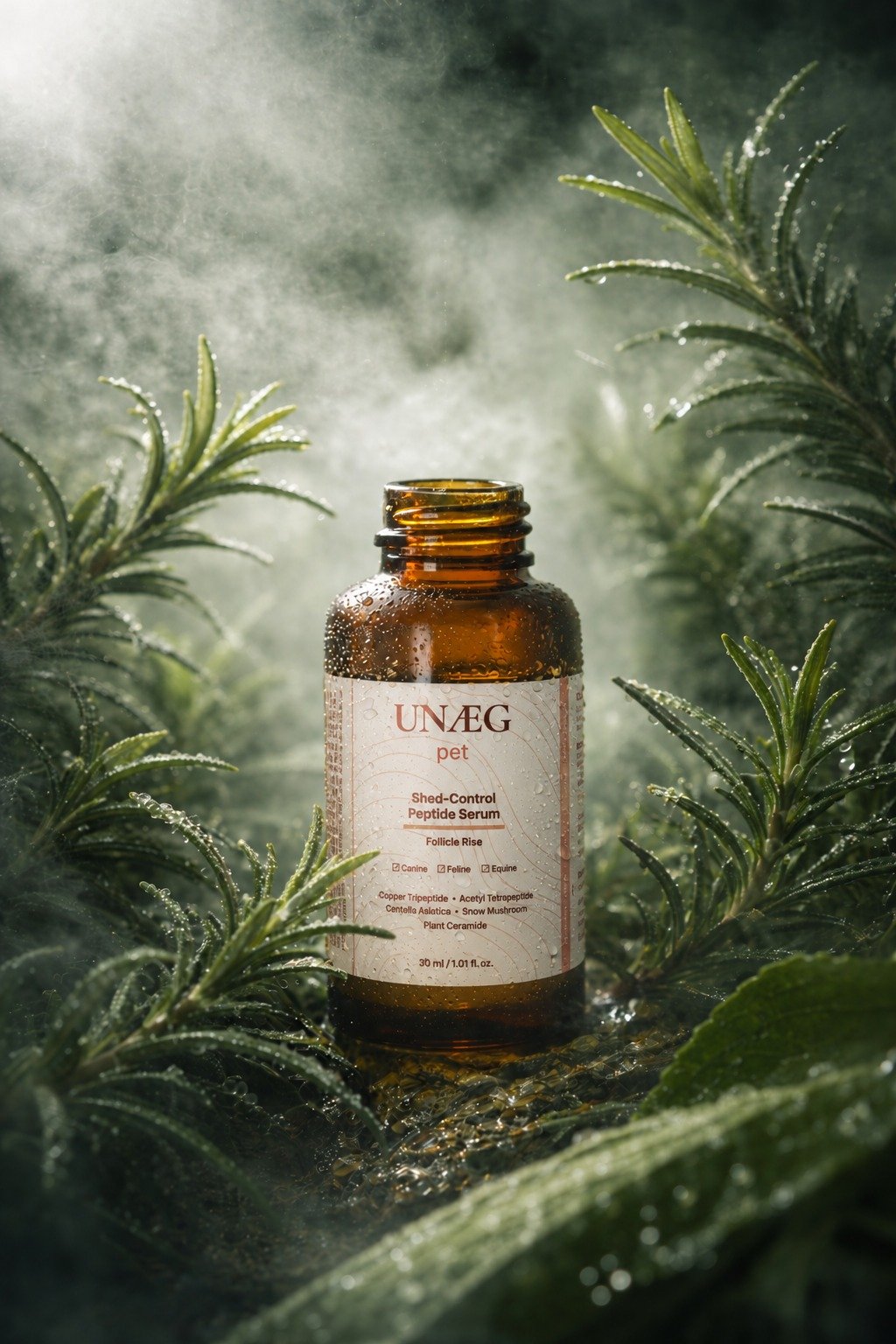 Follicle Rise Shed-Control Peptide Serum bottle among green botanical leaves